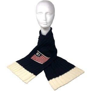 Polo Ralph Lauren RL Logo USA Flag Ribbed Knit Scarf VTG Ski Wool Blend 60x 10